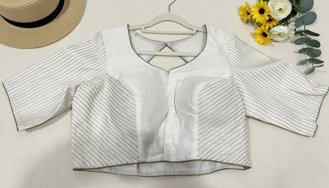 White Satin Cross‑Back Striped Blouse