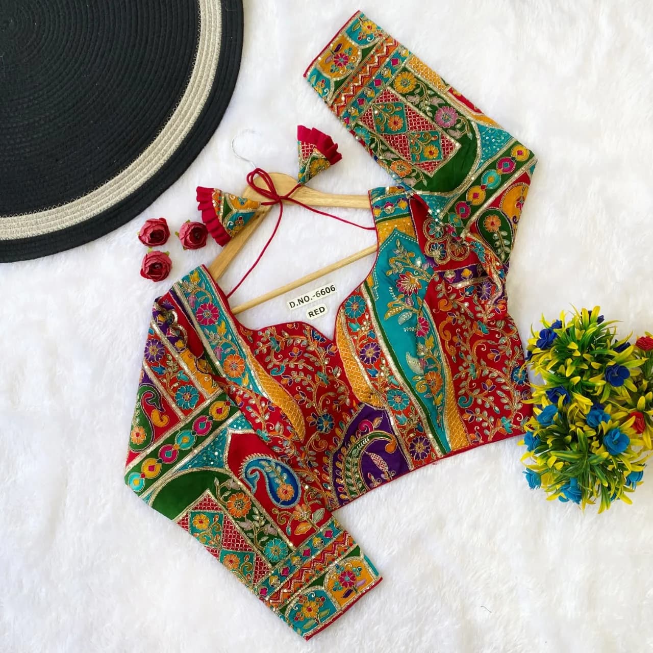 Crepe Pojisan Red Multicolor Zardozi Blouse