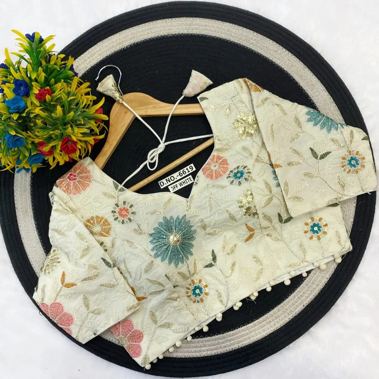 Khadi Ivory Floral Sequin Embroidered Blouse