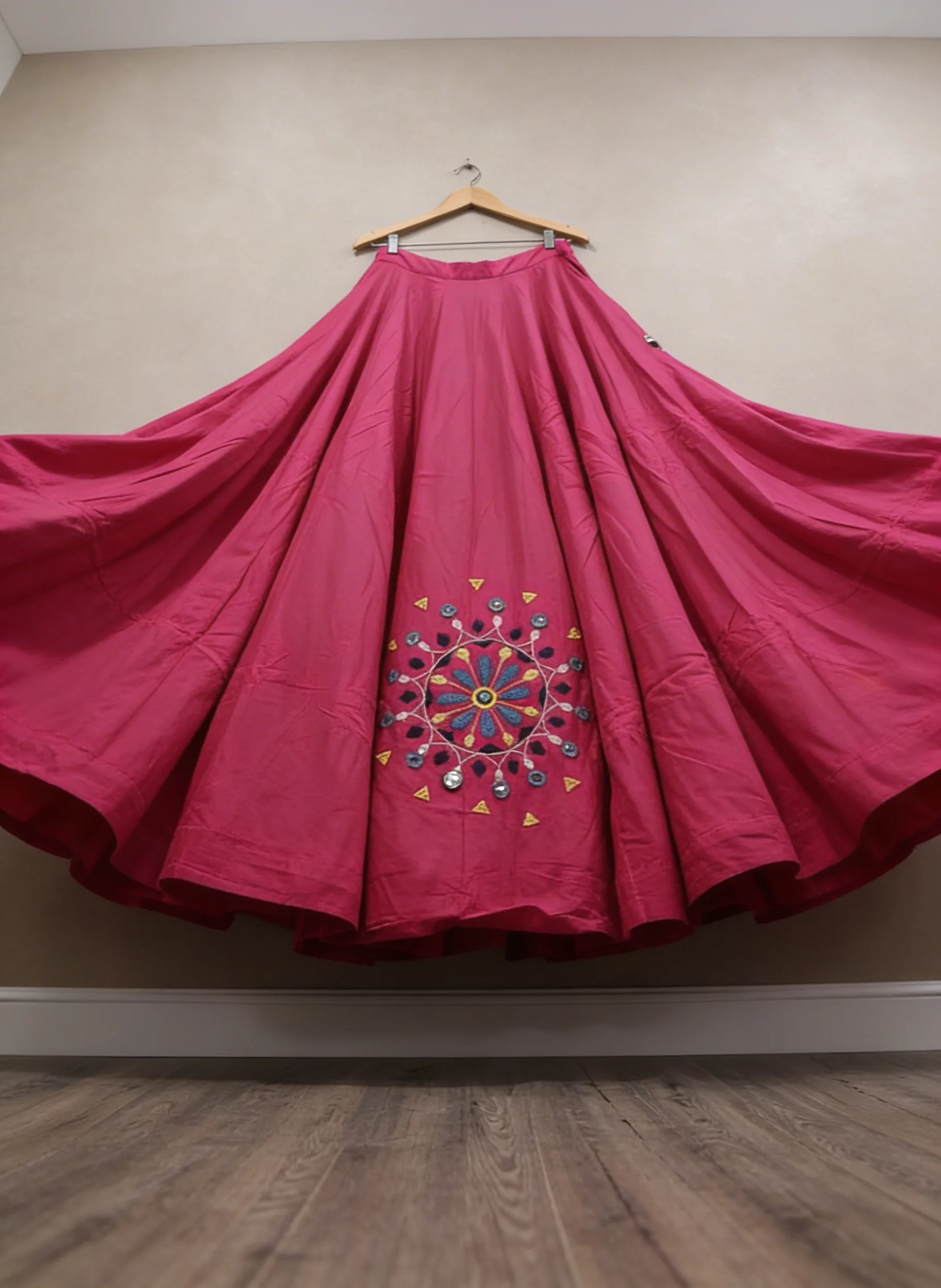 Rani Pink Mirror-Work Cotton Skirt