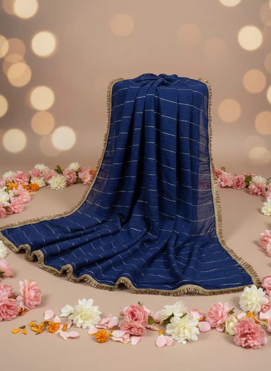 Navy Blue Gota Stripe Chunari with Fringe Border