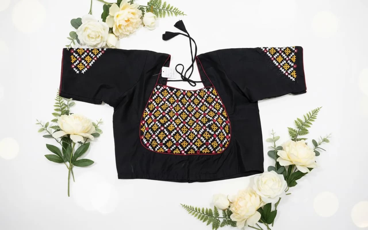 Black Cotton Kutch Geometric Hand‑Embroidered Blouse