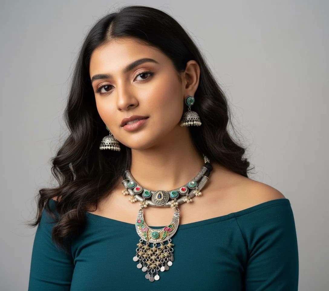 Oxidize Kundan Chandelier Necklace Set