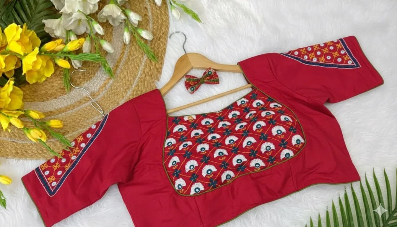 Red Cotton Hand‑Embroidered Yoke Blouse