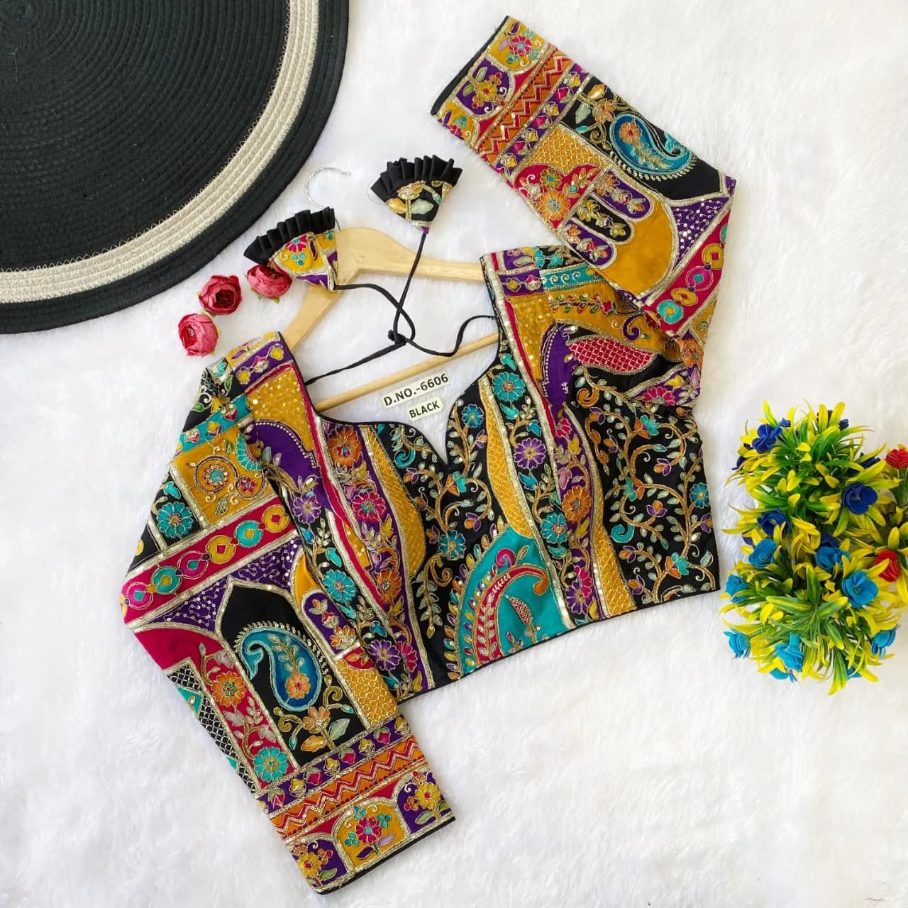 Black Multicolor Zardozi Patchwork Blouse
