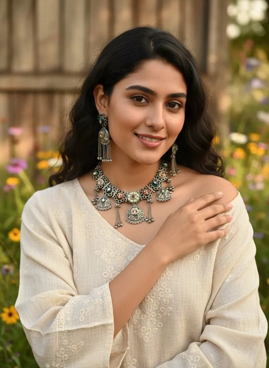 Kundan Pearl Oxidised Necklace Set