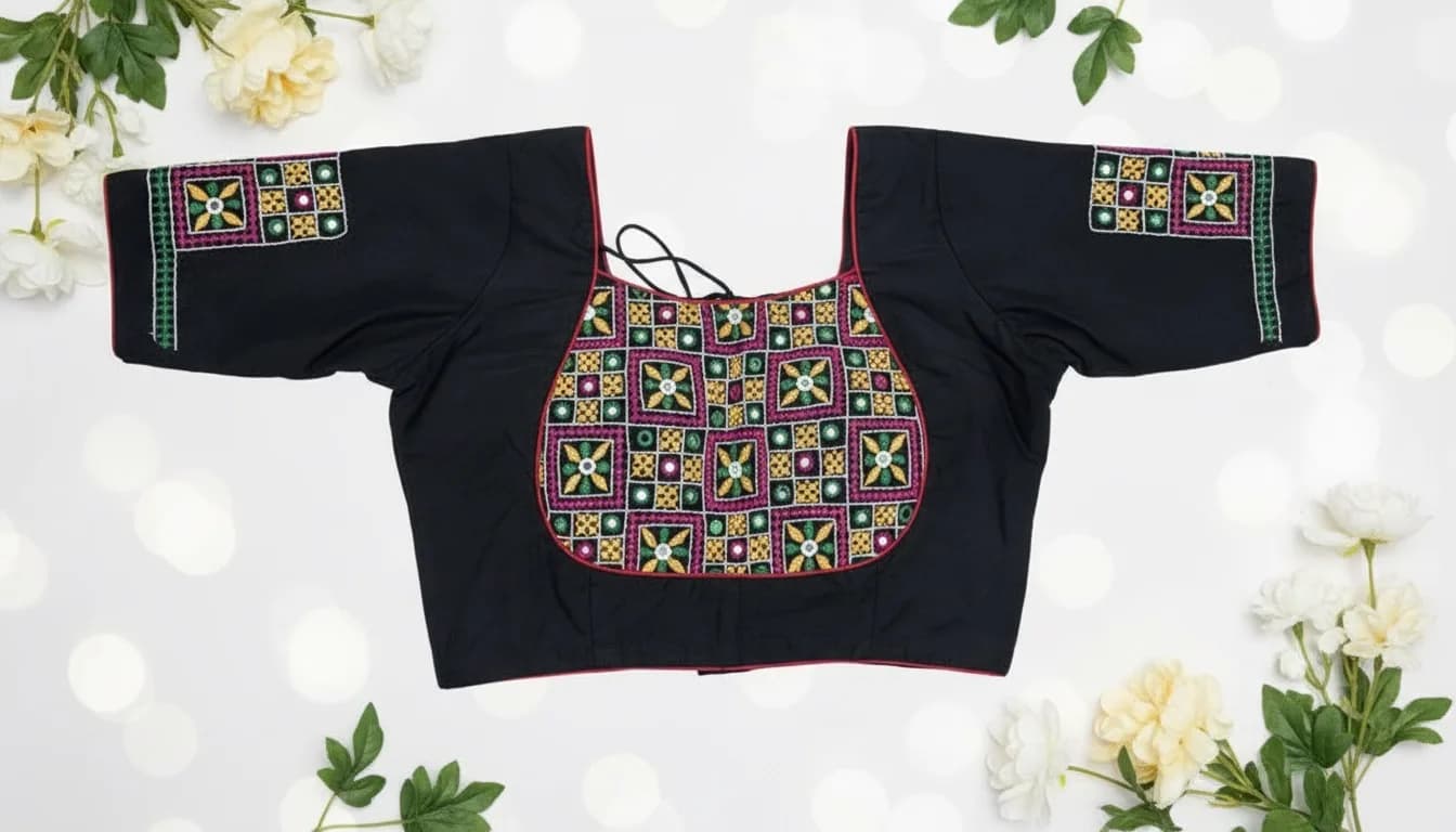 Black Cotton Kutch Hand‑Embroidered Mirror Blouse