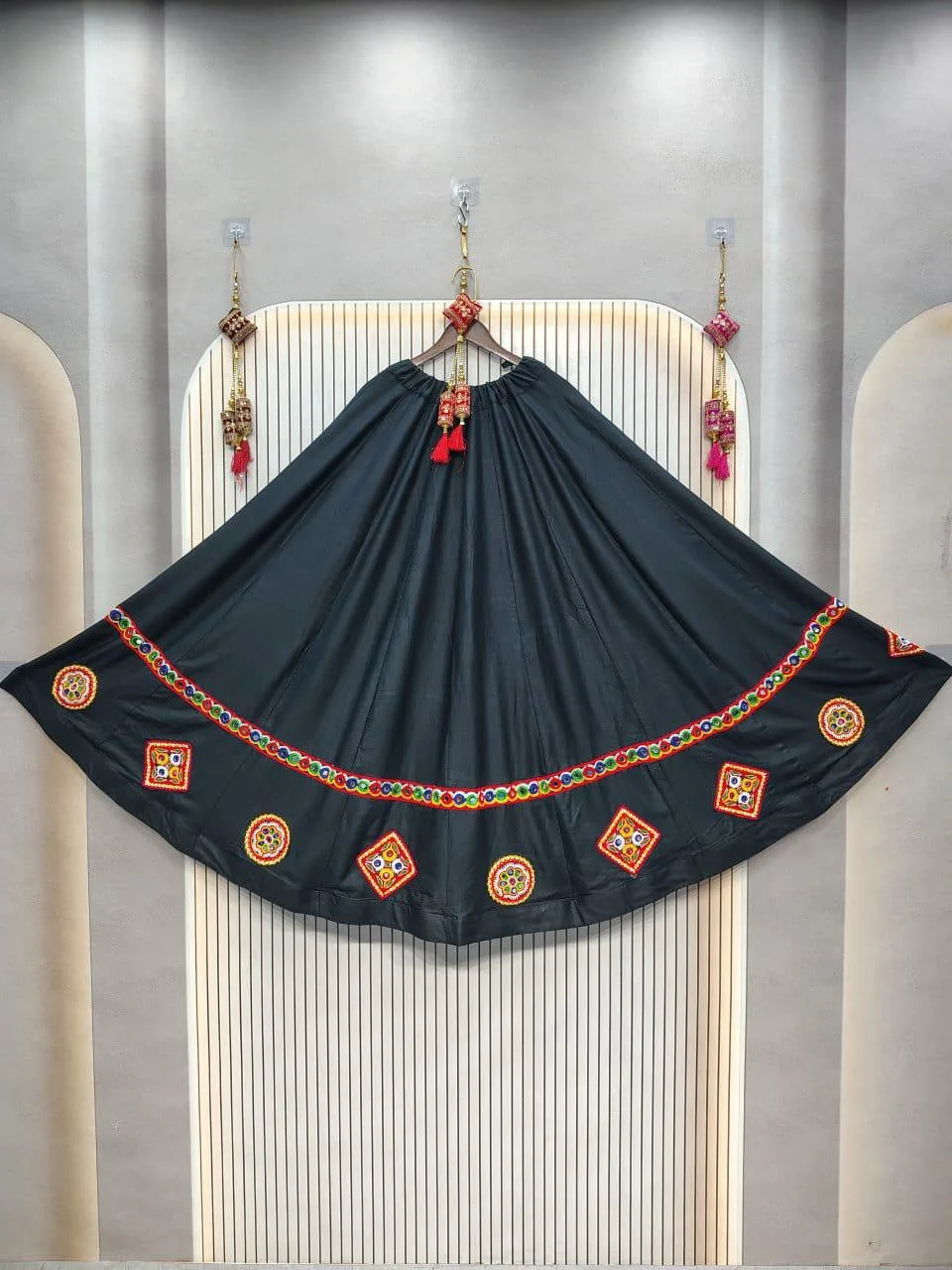 Black Mirrorwork Flared Cape Skirt (Available in 3 colors)