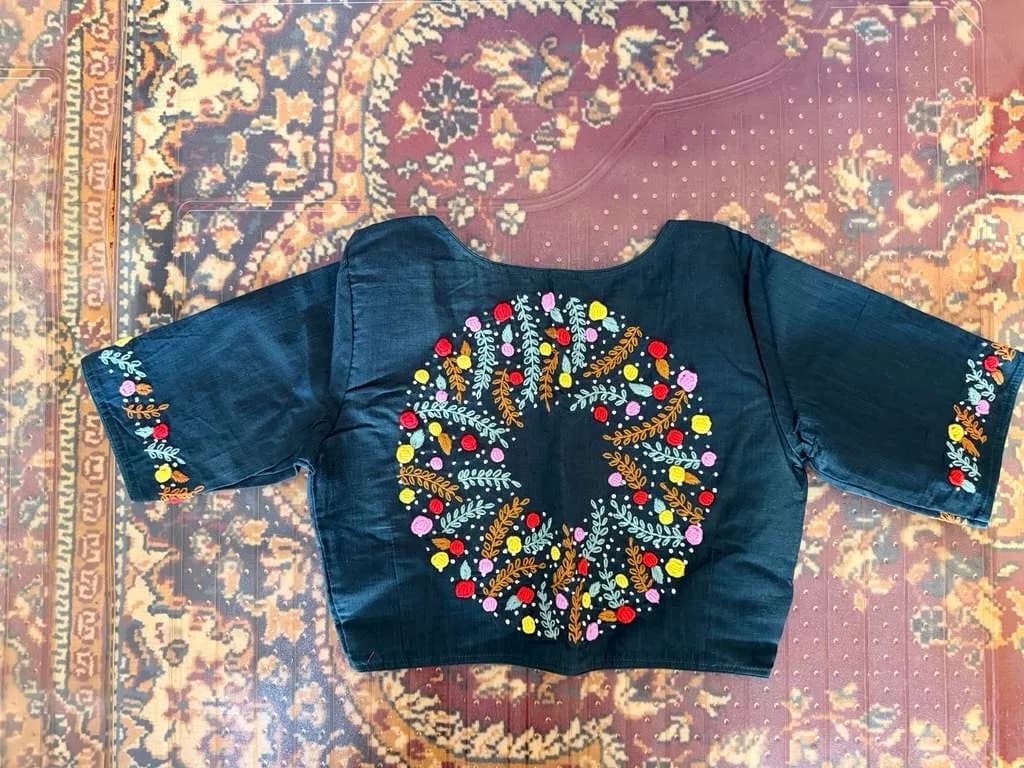Navy Blue Cotton Hand-Embroidered Blouse