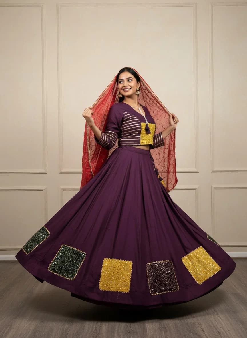 Purple Patchwork Lehenga Set with Red Dupatta